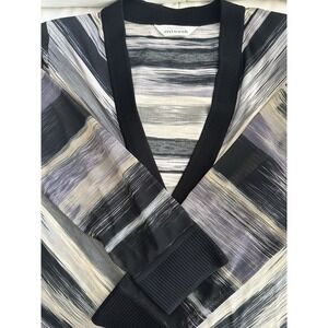 Exclusive Misook Cardigan Single Button Black Stripe L Sheer Sleeves Ribbed Hem